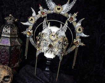 Set blind mask & headdress "wings heart" halo, fantasy costume, larp, cosplay, elf, vampire / made to order