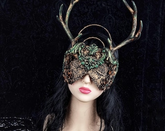 Sofort versandbereit / blinde Maske mit Geweih, pagan, shieldmaiden, fantasy kostüm, cernunnos, Morrigan, Krieger, krone, cosplay