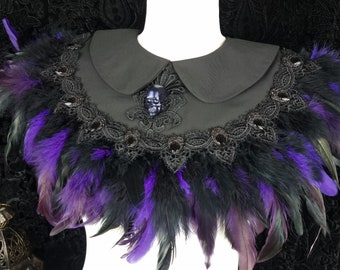 Ready to ship immediately/collar cape with feathers, unique piece, gothic, cosplay, larp, vampire, skull, fantasy costume, shooting accessories