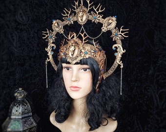 Set Cernunnos warrior, halo headdress & face frame, pagan, crown, cosplay, larp, fantasy costume / made to order