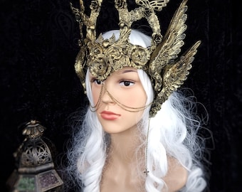 MADE TO ORDER face frame cathedral with wings crown "Freya" valkyrie, shieldmaiden, gothic, cosplay, fantasy costume, pagan