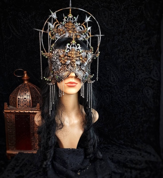SET Art Nouveau Crown & Halo blind mask, fantasy costume, goth crown, gothic Headpiece, medusa, larp, pagan, cosplay, viking / Made to order