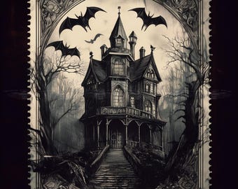 2 Gothic images, Dracula's house, clip art, horror, spooky, vampire, digital art, junk journal, scrapbooking, postcard, home decor, stickers