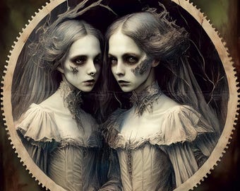 2 Gothic pictures "weird sisters" clip art, horror, spooky, vampire, digital art, junk journal, scrapbooking, post card, home decor