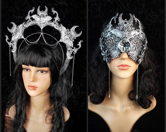 Set Big Bats Halo & blind mask, gothic headpiece, witch, cosplay, larp, vampire crown, goth crown, medusa costume / Made to order