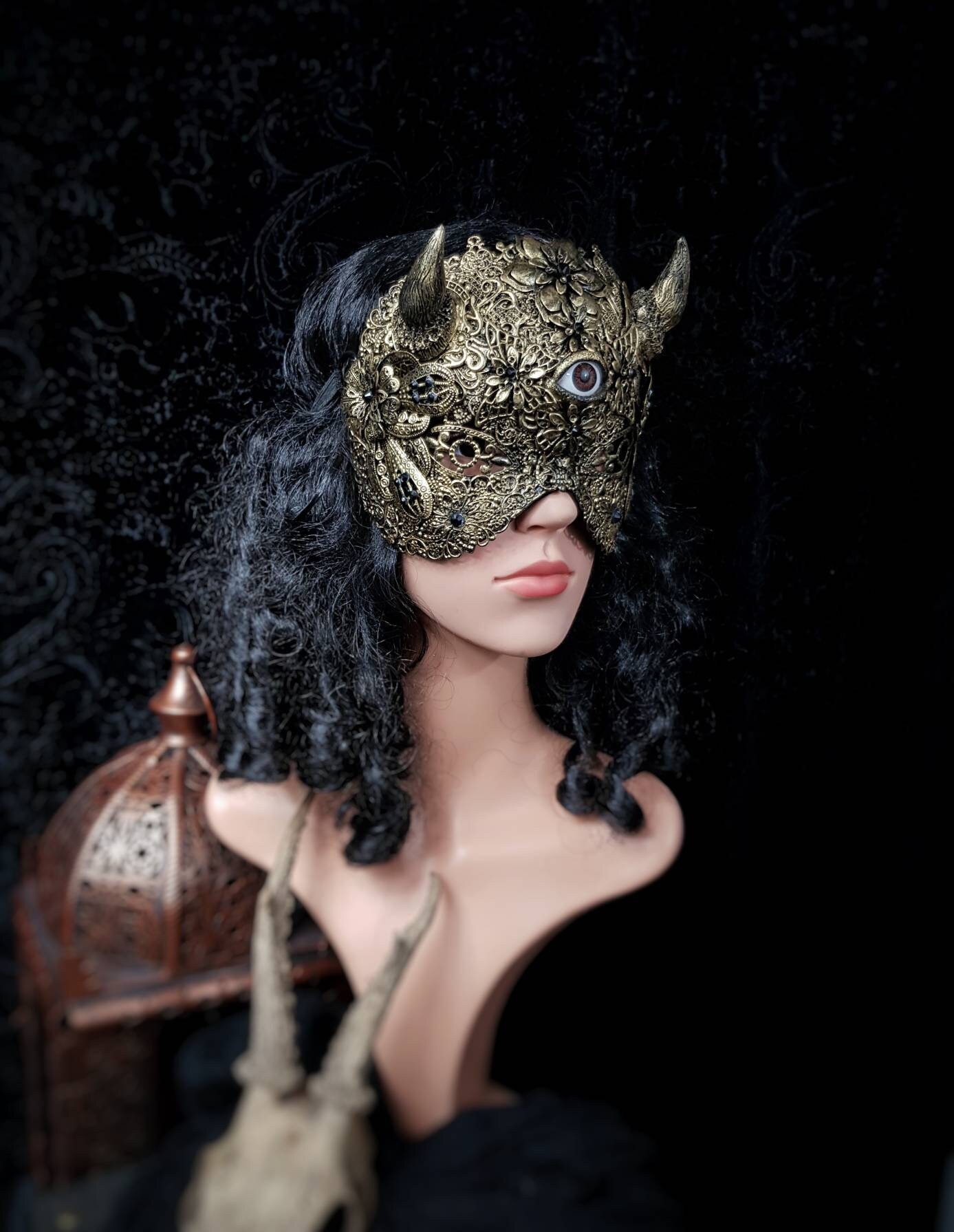 Ready to ship / Eye of the devil, horns blind mask, demon mask, devil