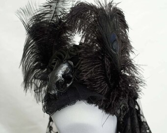 Unique Catskull (resin) Black peacock headpiece
