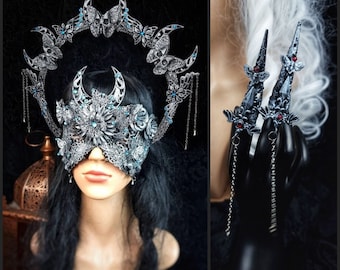 Made to order/Set Moon blind mask, death moth halo headdress & 2 finger claws, fantasy costume, pagan, witch, vampire, crown