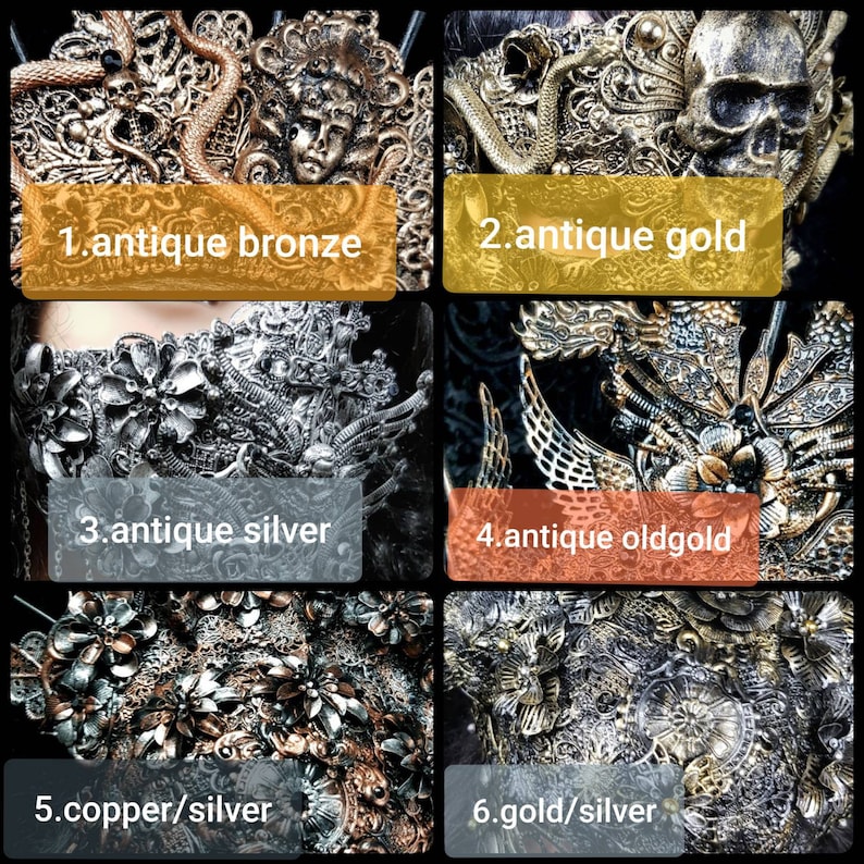 May include: A collection of six ornate masks featuring intricate filigree, floral motifs, skulls, and snakes. The finishes include antique bronze, antique gold, antique silver, antique oldgold, copper/silver, and gold/silver, each labeled with its color.