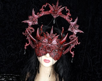 Ready to ship / Set halo & blind mask, horror costume, gothic headpiece, skull halo, goth crown, cosplay, vampire, devil, vodoo