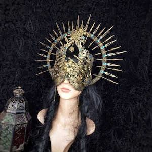 Anfertigung nach Auftrag / SET " Sonnen Göttin " Halo & blinde Maske, Kathedrale maske, cosplay, larp, Heiligenschein, krone. goth, fantasy
