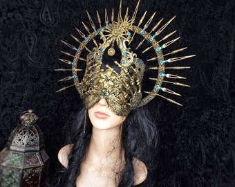 Made to order / SET "Sun Goddess" halo & blind mask, cathedral mask, cosplay, larp, halo, crown. goth, fantasy