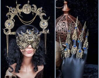Set " Anubis " halo headband & blind mask + 5 finger claws, Cleopatra Costume, pharao, fantasy headpiece, cosplay, medusa crown, snake mask