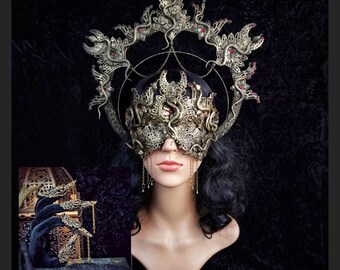 Set Medusa headdress, blind mask & 5 finger claws, halo, cosplay, larp, fantasy costume, witch, pagan / Made to order