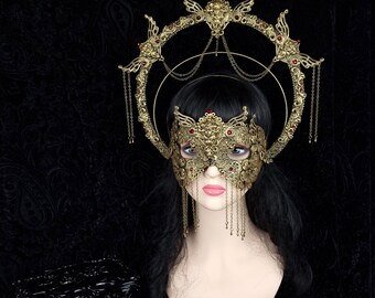 Made to order / Set Art Nouveau halo & classic mask, Burlesque, medusa, gothic headpiece, fantasy costume, goth crown, cosplay, voodoo