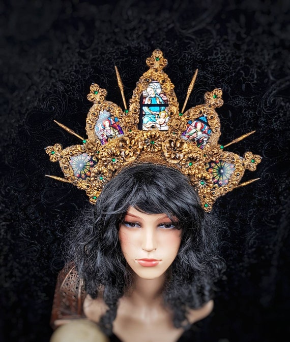 Stained glass window headdress " King Lionheart " Church window, angel, gothic, fantasy, cosplay, religious, crown / Made to order
