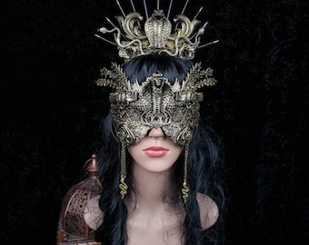 Set Cleopatra, Medusa crown & blind mask, medusa costume, gothic headpiece, cobra halo, cosplay, vikings, voodoo, goth crown, / Made to order