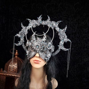 SET Halo & Blind Mask "The Moon", fantasy, goth crown, headdress, elf, larp, pagan, witch, fairy tale, cosplay, viking/ Made to order