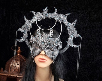 SET Halo & Blind Mask "The Moon", fantasy, goth crown, headdress, elf, larp, pagan, witch, fairy tale, cosplay, viking/ Made to order