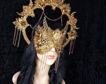 Set "Eva" halo & blind mask, gothic headpiece, halo, holy crown, goth crown, medusa costume, cosplay / Made to order
