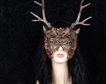 Custom-made / blind mask with antlers and horns, pagan, shieldmaiden, fantasy costume, Cernunnos, Morrigan, warrior, crown, cosplay