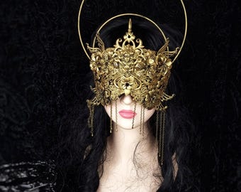 Art Nouveau Halo blind mask, fantasy costume, goth crown, gothic headpiece, medusa costume, larp, pagan, cosplay, viking / Made to order