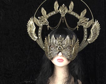 Winged blind mask & Halo Headpiece "Seraphina Caelestis" | Gothic Masquerade | Angel Mask | Fantasy Costume | Cosplay Mask | Made To Order