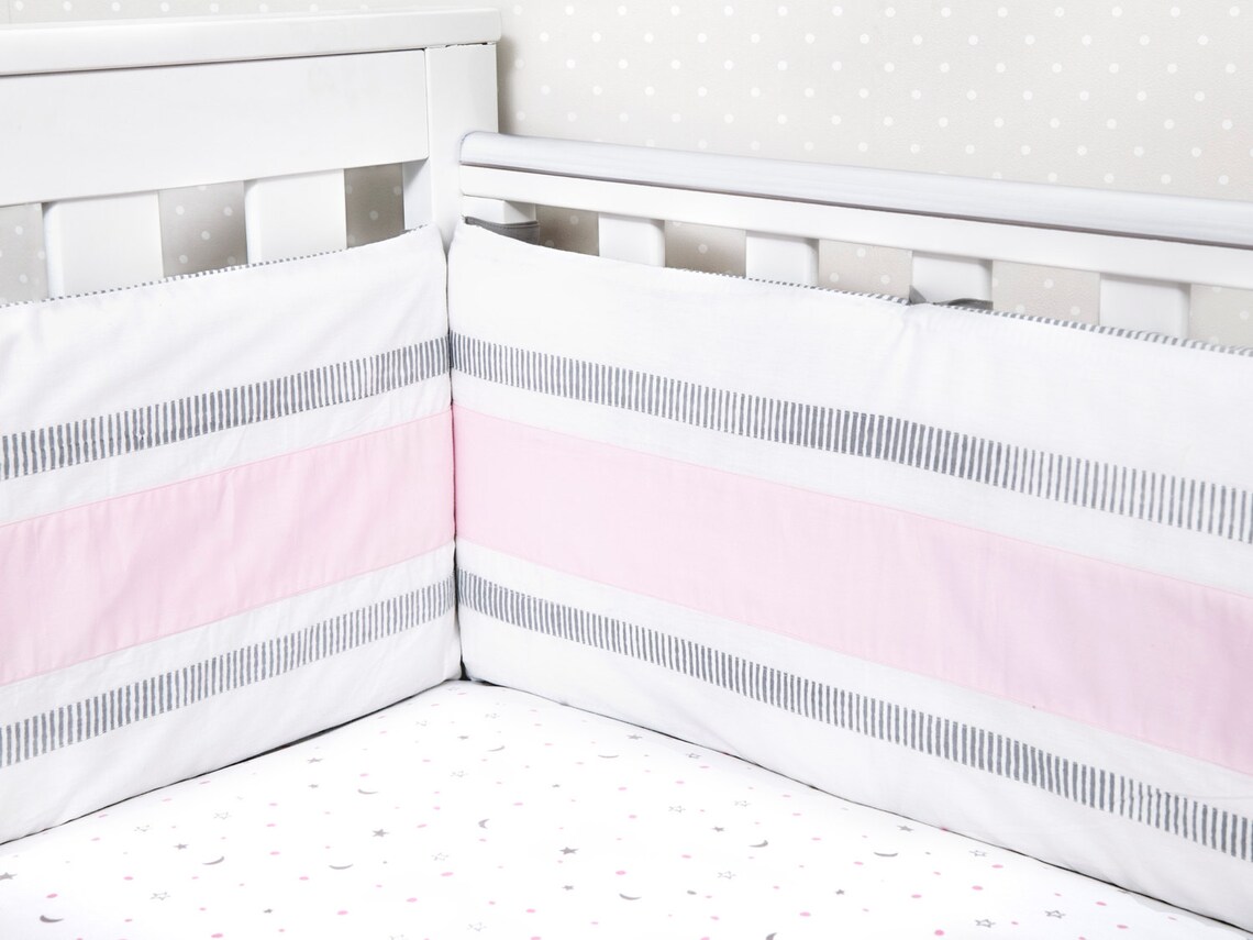 Organic Crib Bumper Grey/pink Stripe Etsy