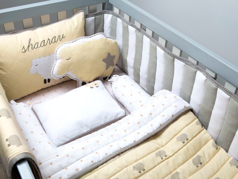 Counting Sheep Organic Cot Bedding Set Beige Custom Nursery Crib Baby