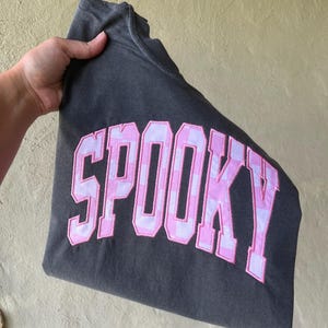 Spooky T-Shirt – Pink Checkered Applique Halloween Tee | Comfort Colors Fall Shirt | Cute Halloween Embroidered T-Shirt