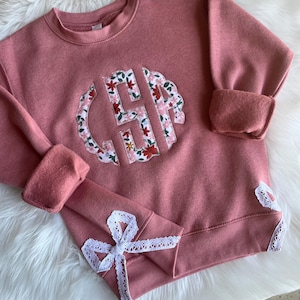 Kids Custom Monogram Appliqué with Lace Side Bow -  Embroidered Crewneck Sweatshirt - Floral Embroidery Crewneck - Personalized +Gift