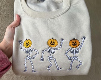 Pumpkin Skeleton Dance Embroidered Sweatshirt | Cozy Fall & Halloween Pullover