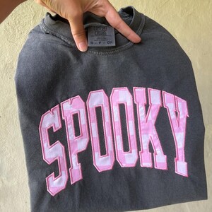 Spooky T-Shirt – Pink Checkered Applique Halloween Tee | Comfort Colors Fall Shirt | Cute Halloween Embroidered T-Shirt