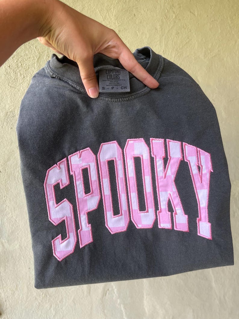 Spooky T-Shirt – Pink Checkered Applique Halloween Tee | Comfort Colors Fall Shirt | Cute Halloween Embroidered T-Shirt
