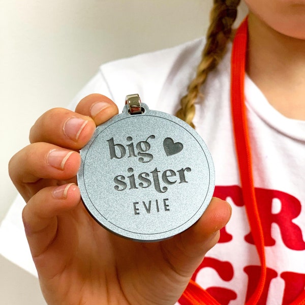 Big Sister Medal, Personalised Gold or Silver Acrylic 50mm Medal with a Choice of Lanyard Colour