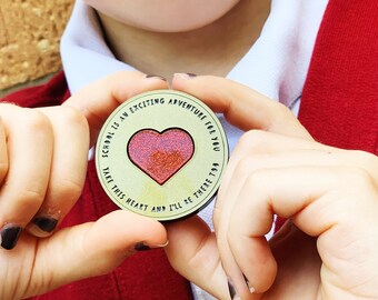Back to School Magic Hug Token, Personalised with Your Child's Name, 40mm Gold and Red Acrylic