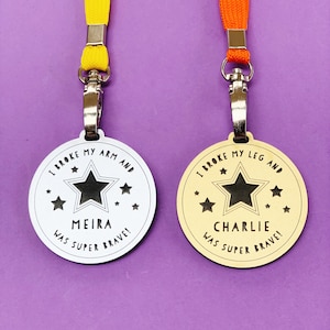 I was Super Brave Medal, Personalised Broken Bone Medal, Gold or Silver Acrylic 50mm Medal with a Choice of Lanyard Colour