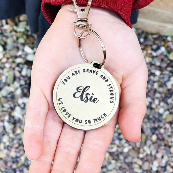 Magic Hug Keyring, Personalised with Your Child's Name, 40mm Gold and Red Acrylic