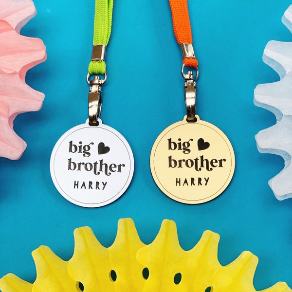 Big Brother Medal, Personalised Gold or Silver Acrylic 50mm Medal with a Choice of Lanyard Colour
