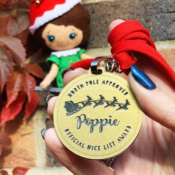 North Pole Approved Nice List Medal, Personalised Nice List medal, Gold Acrylic 50mm Medal with a Red Lanyard