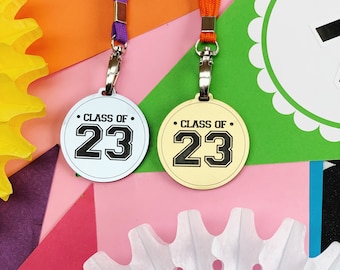 Class of 23 Medal, School Leavers Medal, End of School Gift, Gold or Silver Acrylic 50mm Medal with a Choice of Lanyard Colour