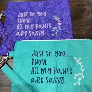 Embroidered Hand-Crafted Zipper Bag /Wristlet  - “Just so you know all my pants are sassy.”