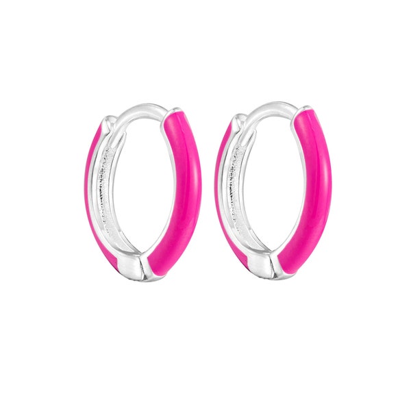 Pink - enamel hoop - earrings - tiny hoops - enamel - Bright Pink - hoops - silver - silver hoop - hoop - enamel hoop -M6-HU-2711-PINK