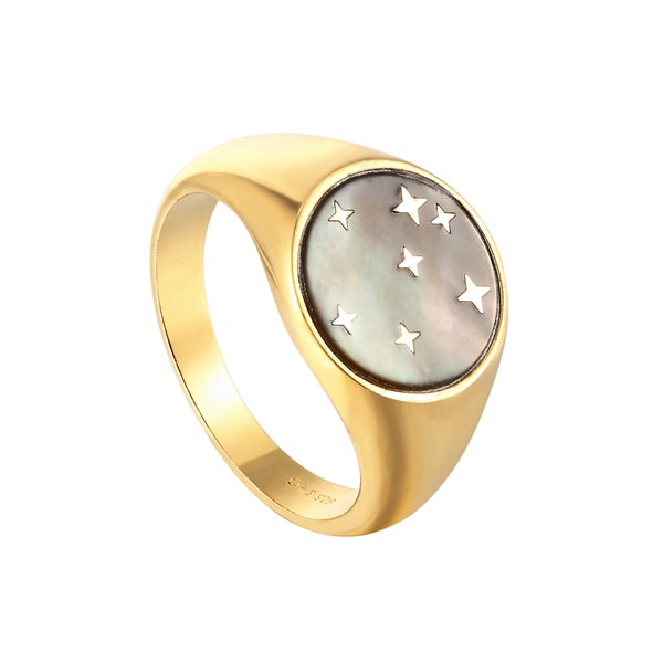 Mother of pearl ring - signet ring - silver ring - star ring - signet - star signet - pinky ring - sovereign - sovereign ring - M3R-0446