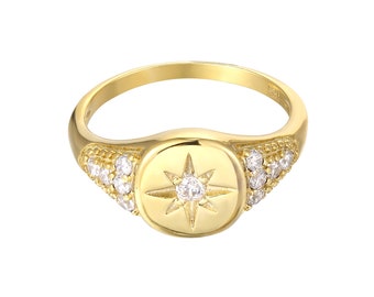 Cz set signet ring - star signet ring - signet ring - gold ring - pinky ring - cz ring - gold ring - vermeil ring - Y3-R-4742