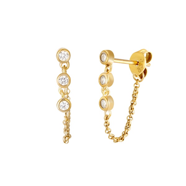 CZ bezel chain drop earrings - cz drop earrings - cz earrings - silver cz drop stud - gold chain earrings - silver chain earring -E3-SF-8151