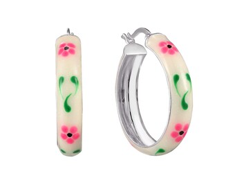 Hand enamelled - white - pink flower - large - silver hoops - enamel hoop earring - creole hoop - enamel hoop - big silver hoop -T2-CR-2658
