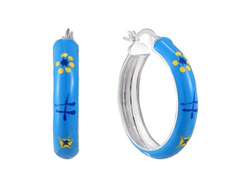 Hand enamelled - blue - yellow flower - large - silver hoops - enamel hoop earring - creole hoop - enamel hoop - big silver hoop -T2-CR-2652