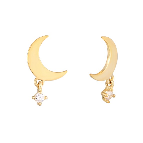9ct Gold Crescent Moon Cz Charm Drop Gold Stud Earring Etsy