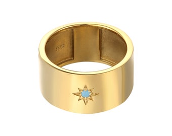 Star set turquoise chunky band ring - thick ring - turquoise band - turquoise - chunky ring - gold - silver - unisex ring - H1-R-9308